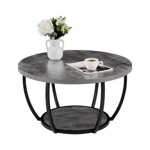 VEVOR Coffee Table, Modern Round Coffee Table, 2 Tiers Wooden Circle Center Desk with Open Storage, Minimalist Sturdy Metal Frame Accent End Desk for Living Room, Office, Easy Assembly, Grey