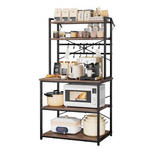 VEVOR Kitchen Bakers Rack, 800 mm Width Bakers Rack, Kitchen Stand with X-Shaped Support Bar, 12 S-Shaped Hooks, Double-Layer Top Shelf, Coffee Bar Stand for Dishes & Bowls, Spice Bottles