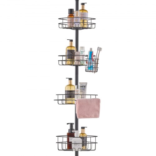 VEVOR Shower Corner Caddy Tension Pole, 42" to 114" High, Multi-Functional Shower Tension Pole with Strong Load-Bearing Tray, Rust-Proof Easy-to-Install Tension Pole, Fit for Bathroom & Washroom