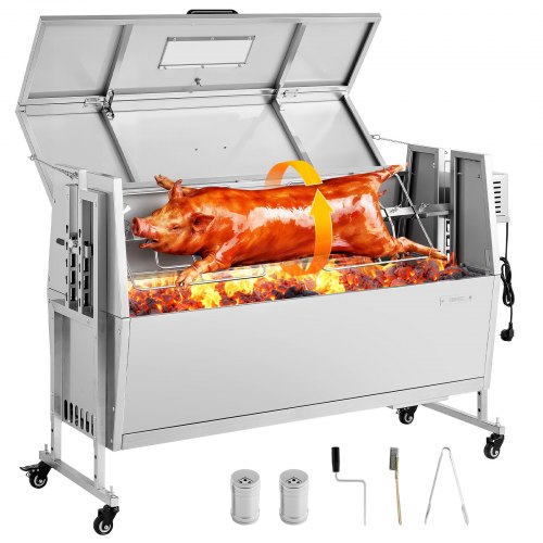 VEVOR Rotisserie Grill, 38W BBQ Outdoor Pig & Lamb Spit Roaster, Charcoal Spit Roaster with 60 kg Capacity, Wheels & 4-Level Height, Stainless Steel Electric Rotisserie Grill Kit for Camping Outdoor