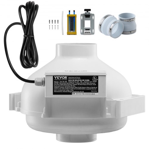 VEVOR 4 to 4.5 inch Radon Fan Installation Kit, Quiet 260CFM Radon Mitigation Fan System Kit with 2 Couplers, Pressure Indicator, Waterproof Inline Duct Fan Exhaust Fan for Indoor Outdoor Ventilation