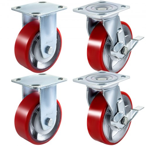 VEVOR 4 Pack 15.24 x 5.08 cm Caster Wheels 2 Rigid and 2 Swivel Casters with Side Brake Polyurethane Iron Core Plate 453.59 kg Capacity Per Wheel