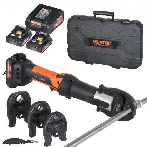 VEVOR Press Tool and Battery Kit, Press Tool, Electric Pipe Crimping Tool with V15, V22, V28 Jaws, Press Tool Kit with 2pcs 18V 2.0Ah Battery, Fast Charger, and Carrying Case