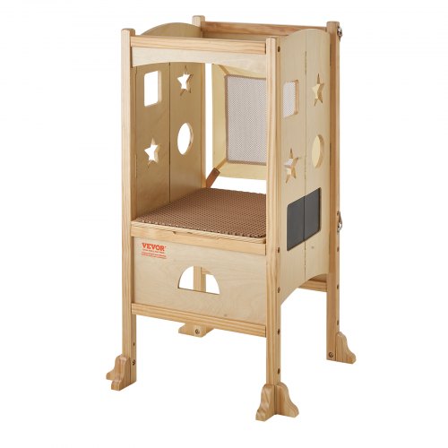 VEVOR Tower Step Stool for Kids and Toddlers, Foldable Toddler Kitchen Stool Helper with 3-Level Adjustable Height & Safety Net, Natural Solid Wood Standing Tower Learning Stool for Bedroom Bathroom
