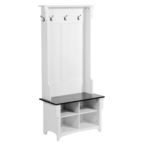 VEVOR Hall Tree, Wooden Hall Tree with Bench and Shoe Storage, White Hall Tree with Coat Rack, Adjustable Shelves and 5 Hanging Hooks, Mudroom Furniture with 4 Storage Drawers, for Entryway & Hallway