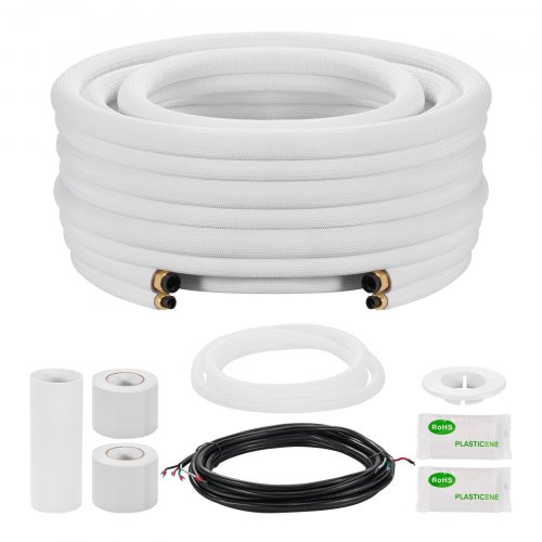 VEVOR 15.2m Mini Split Line Set, 6.4 & 12.7mm OD AC Copper Tubing Pipe, 3/8 White PE Thickened Insulated Coil with Flared Nuts, Rich Fittings, for Mini Split Air Conditioner HVAC or Heat Pump System