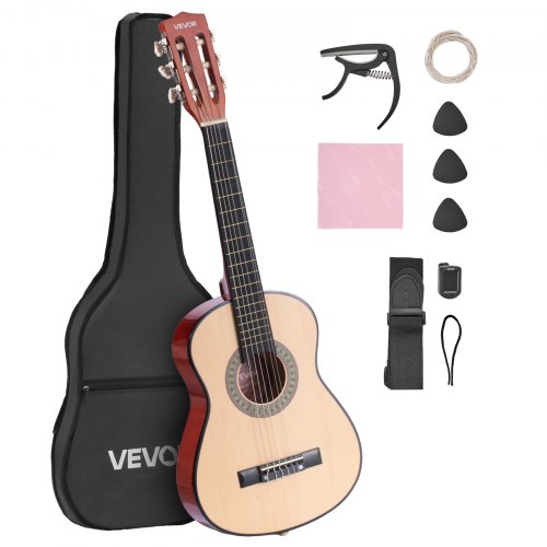 VEVOR Classical Guitar, 780 mm, Wood Classical Guitar Starter Kit for Beginners, with Nylon Strings, Gig Bag, Strap, Tuner, Extra Strings, Picks, Capo, Basswood, for Kids Girls Boys Students, Natural