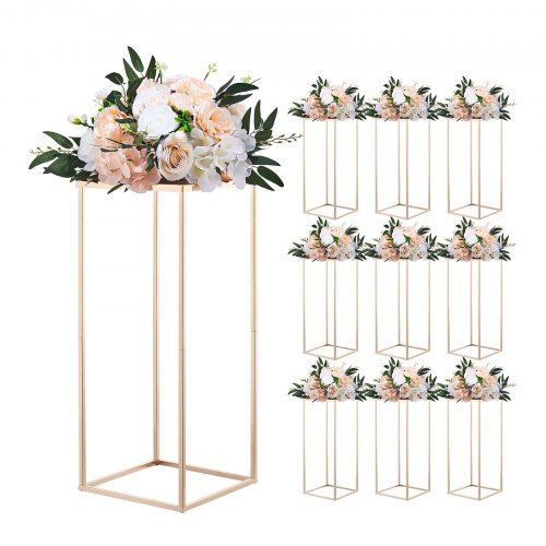 VEVOR Wedding Flower Stand, 10PCS 23.62-inch Column Flower Stand, Floral Stands with Metal Laminate, Rectangular Floral Display Rack for Wedding, Party, Birthday, Home, French Gold Stands