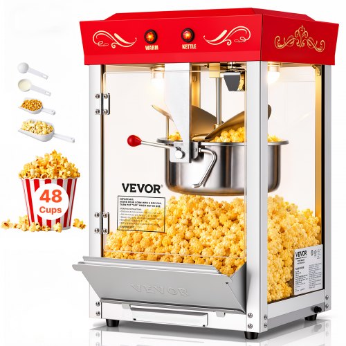 VEVOR Popcorn Machine, 0.2kg Stainless Steel Kettle, 800W Commercial Countertop Popcorn Maker, 48 Cups per Batch Theater Style Popper, with 2-Button Control Glass Wall PC Door 1 Scoop 3 Spoons, Red
