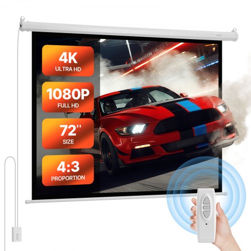 VEVOR Motorized Projector Screen, 1829 mm 4:3 1080 HD Electric Projection Screen, Wall Mounted Projection Dispaly Projector with Remote Control, Automatic Movie Screen for Family Home Office Theater