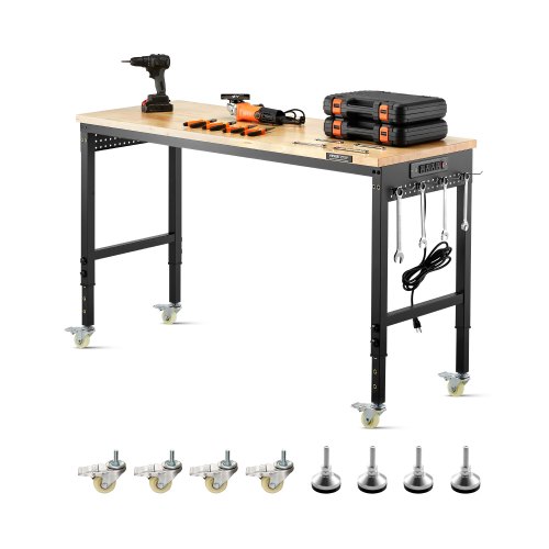 VEVOR 1524 mm Adjustable Workbench, 907 kg Load, Work Bench with Power Outlet, Wheels, and Pegboard, Heavy Duty Oak Wood Top Work Table for Garage, Workshop, Office, and Home
