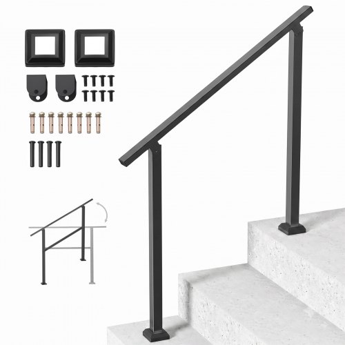 VEVOR Outdoor Handrails for Steps, 2-3 Step Stair Rail Kit, Black Square Tube with Horizontal Bar, Carbon Steel Support Rails for Seniors, Concrete & Deck Stairs, Easy Installation