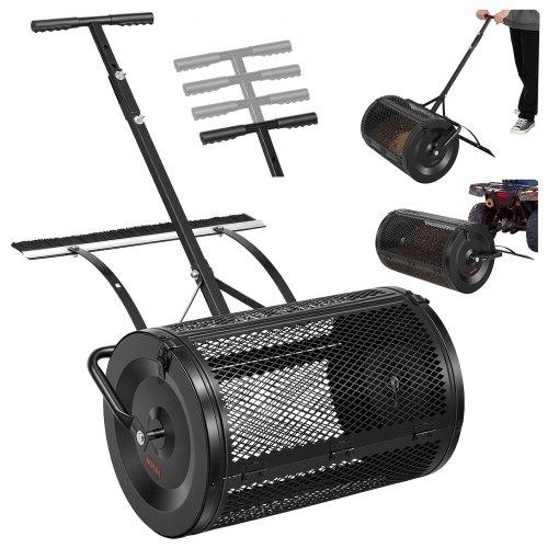 VEVOR Compost Spreader, 61 cm Wide Peat Moss Spreader with Push/Tow Handle & Brush, 4 Heights Adjustable, Powder-Coated Steel Garden Peat Moss Roller, Heavy Duty Grass Seed Roller for Planting Seeding