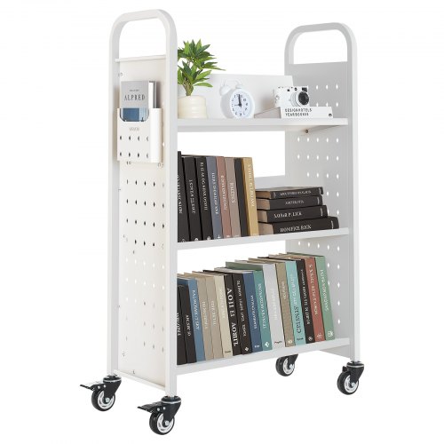 VEVOR Rolling Library Book Cart, 150 kg Capacity, 77 x 38 x 122 cm Library Cart, Single Sided V-Shaped Shelves with 76.2 mm Lockable Wheels, Book Truck for Home Shelves Office and School, White