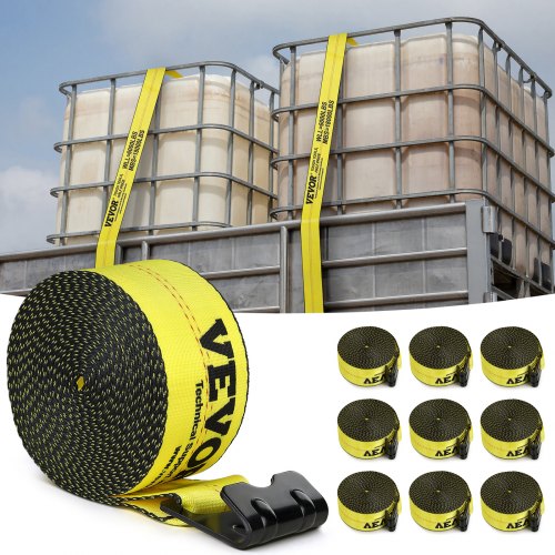 VEVOR Winch Straps, 10.2 cm x 9.1 m, 2722 kg Load Capacity, 8165 kg Break Strength, Truck Straps with Flat Hook, Flatbed Tie Downs Cargo Control for Trailers, Farms, Rescues, Tree Saver, Yellow (10 Pack)