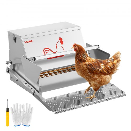 VEVOR Automatic Chicken Feeder, 11.34 kg Capacity, Rainproof Treadle Poultry Feeder with Lockable Lid, No Waste, Galvanized Steel Construction, Outdoor Use, for Chicken, Bantams, Poultry, Pheasants