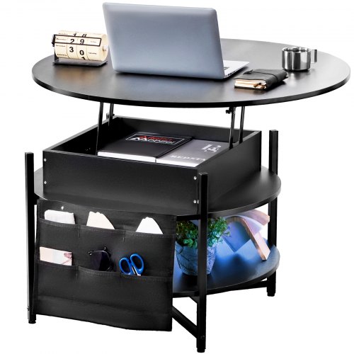 VEVOR Lift Top Coffee Table, 35.3 in Round Coffee Table with Extra Storage Pockets, Pop Up Coffee Table for Living Room, Black