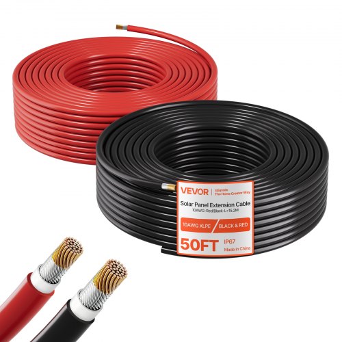 VEVOR Solar Panel Wire, 15.24 m Black + Red Kit, 10 AWG (6 mm²) Solar Panel Extension Cable, PV Tinned Copper Wire, for Outdoor Home Off-Grid Photovoltaic Systems Automotive RV Boat Marine, IP67