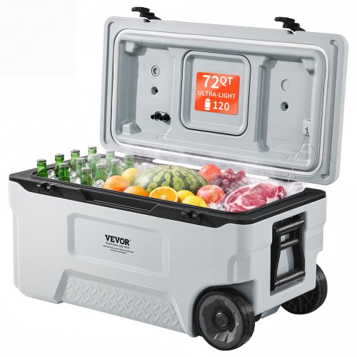 VEVOR Portable Cooler, 74 QT Wheeled Cooler with Ice Retention, Heavy-Duty Handles and Cup Holder, Lightweight Rigid Material Insulated Portable Cooler, Suitable for Family Picnics and Long Trips