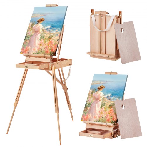 VEVOR French Easel, Hold Canvas to 34", Beechwood Foldable Sketchbox Easel with Drawer, Palette and Strap, Angle and Height Adjustable, Portable Wooden Art Painting Easel for Studio and Field