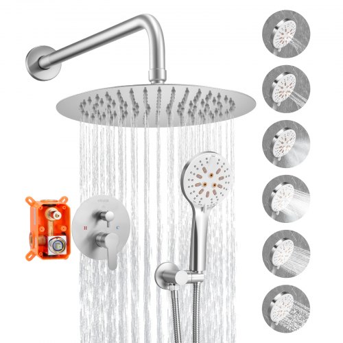 VEVOR Shower Faucet Set, Rainfall Bathroom Shower System with 10-Inch (25.4cm) Round Rain Shower Head and Handheld Spray, Wall Mounted Bath Fixtures with Brass Valve and Trim Kit, Brushed Nickel