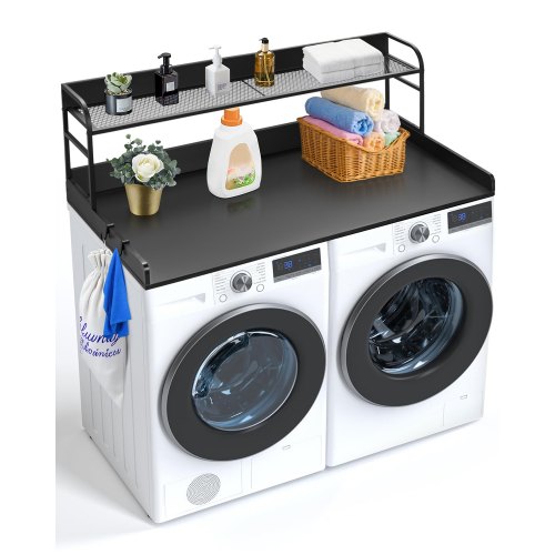 VEVOR Washer Dryer Countertop with 2-Tier Shelf, 54" x 27" Wooden Washer and Dryer Countertop with Anti-Slip Pads, Water-Resistant Laundry Topper Cover for Laundry Room Organization and Storage, Black