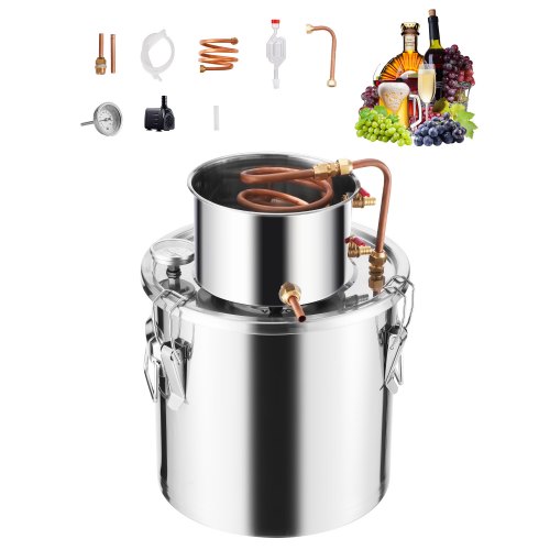VEVOR Alcohol Still, 5 Gal / 19 L Stainless Steel Water Alcohol Distiller with Copper Coil, Home Brewing Refining Fermentation Kit with Thermometer & Pump, for Wine Whisky Brandy, Silver