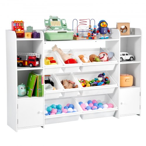 VEVOR Kids Toy Storage and Bookshelf, 4-Tier Large Toy Storage Organizer with 8 Flexible Plastic Bins, Kids Cubby Cabinet with Bookshelf for Study Room, Bedroom, Playroom, Classroom, Nursery, White
