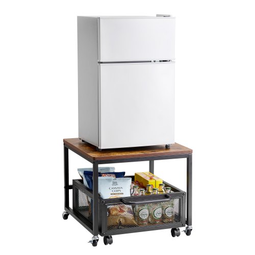 VEVOR Mini Fridge Stand with Storage, 198 lbs Mini Fridge Table with Movable Storage Cart & Swivel Wheels, Beverage Refrigerator Stand for Coffee Bar, Mini Fridge Organizer for Home Dorm, Light Brown