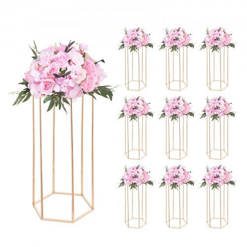 VEVOR Wedding Flower Stand, 10PCS 23.62-inch Column Flower Stand, Floral Stands with Acrylic Laminate, Hexagonal Cubic Floral Display Rack for Wedding, Party, Birthday, Home, French Gold Stands