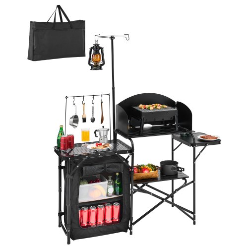 VEVOR Camping Kitchen Table, Outdoor Camp Cooking Table, Aluminum Portable Cook Station with Storage Cupboard, Carrying Bag, Detachable Windscreen, Quick Set-up for BBQ Party Picnic RV Travel, Black