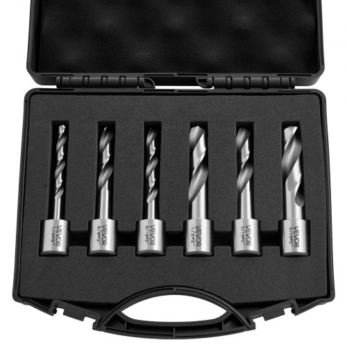 VEVOR Annular Cutter Set, 6 pcs Weldon Shank Mag Drill Bits Kit, 50.8 mm Cutting Depth,6.35 mm to 14.28 mm Cutting Diameter, HSS, 6 Drill Bits with Plastic Case, for Magnetic Drills, Steel, Aluminum