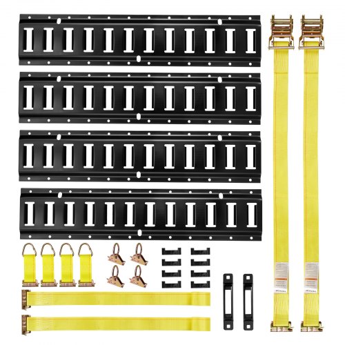 VEVOR E-Track Tie-Down Rail Kit, 4 Pack 0.6 m E Track Rails, 20 Pcs Includes 2 Ratchet Straps & 4 O-Rings & 4 Tie-Offs with D-Ring & 2 Single Slots & 8 End Caps, Fit for Garages Vans Trailers