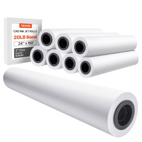 VEVOR Wide Format Paper, 609.6 mm x 45.7 m Plotter Roll, 8 Rolls CAD Bond Rolls with 50.8 mm Core, 80 GSM Plotter Roll Rolls, for CAD Drawings, Engineering Plans, GIS Maps, and Architectural Designs