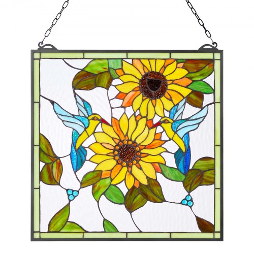 VEVOR Stained Glass Window Panel, 502 x 520 mm, Tiffany Style Hanging Transom Window Panel with Chain, Large Vertical Rectangle Stain Glass, Vintage Traditional Art Handcrafts for Kitchen Home Decor