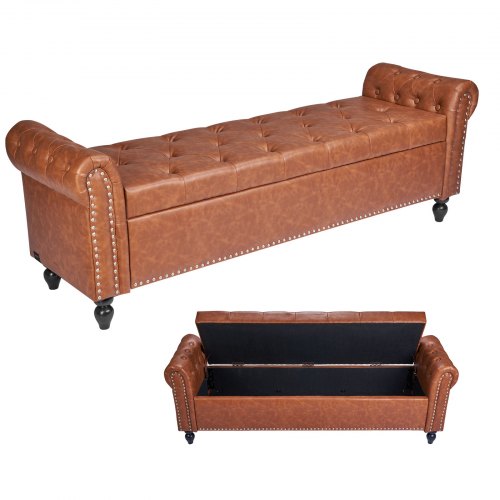 VEVOR Button-Tufted Storage Ottoman Bench, Rolled Arm PU Leather Bench with Solid Wood Legs, Modern Shoe Benches Seat for Entryway, Upholstered End of Bed Benches for Living Room, Dining Room, Brown