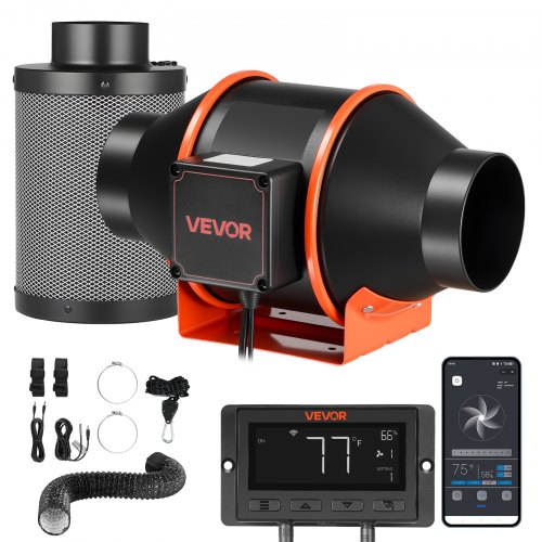VEVOR Inline Duct Fan Kit Carbon Filter, 349 m³/h 101.6 mm EC Motor Exhaust Ventilation Fan with 10-Speed, PWM Controller, App Control, Timer, Cooling for Grow Tent, Indoor Gardening, Hydroponics