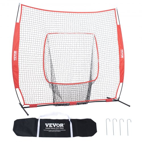 VEVOR 213.4 x 213.4 cm Baseball Softball Practice Net, Portable Baseball Training Net for Hitting Batting Catching Pitching, Backstop Baseball Equipment Training Aids with Carry Bag and Strike Zone