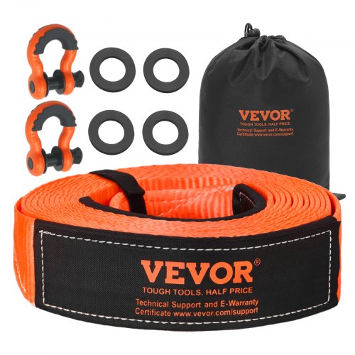 VEVOR Heavy Duty Tow Strap Recovery Kit 76.2 mm x 9.1 m (MBS-16329 kg) Tree Saver Winch Strap, Triple Reinforced Loop & Protective Sleeves & Storage Bag, 19 mm D-Ring Shackles, for Truck Jeep SUV ATV