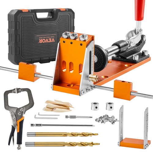 VEVOR Pocket Hole Jig Kit, 34 Pcs Pocket Hole Jig System with 27.9 cm C-clamp, Fixture, Step Drills, Wrenches, Drill Stop Rings, Square Drive Bits, Toolbox, for DIY Carpentry Projects, Adjustable