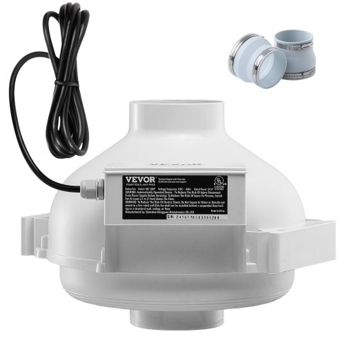 VEVOR 4 to 4.5 inch Radon Mitigation Fan System, Quiet 260 CFM Radon Mitigation Kit with 2 Couplers, Waterproof Radon Fan Electric Inline Duct Fan Exhaust Fan for Indoor Outdoor Ventilation