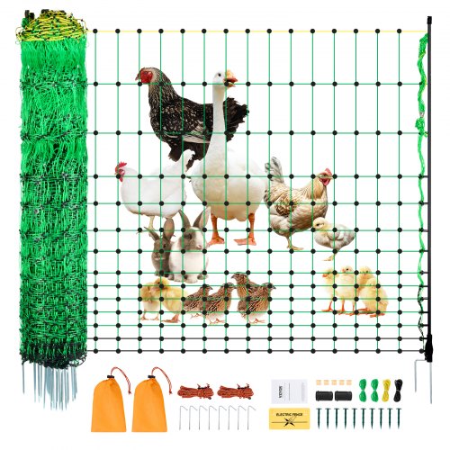 VEVOR Electric Fence Netting, 48" H x 100' L, PE Net Fencing Kit with Posts & Double-Spiked Stakes, Utility Portable Mesh for Chickens, Ducks, Geese, Rabbits, Used in Backyards, Farms, and Ranches