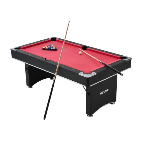 VEVOR Pool Table, 183cm Portable Billiards Tables, Adjustable Feet Stable Game Table, Entertainment Set Includes Ball, Cue, Rack, Chalk and Brush, Black with Red Cloth, for Family Use, Recreation Room