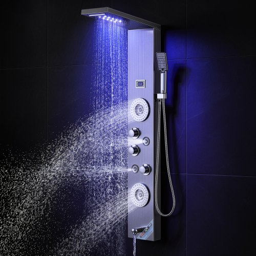 VEVOR Shower Panel System, 6 Shower Modes, LED & Display Shower Panel Tower, Rainfall, Waterfall, 4 Body Massage Jets, Tub Spout, Handheld Shower Head 59" Hose, Stainless Steel Wall-Mounted Shower Set