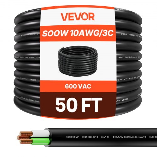 VEVOR 50 FT(15.24 m) 10AWG (6 mm²) Premium Electrical Power Cable Copper Extension Cord Wire