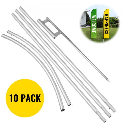 VEVOR Advertising Flag Pole, 10 x Feather Flag Bundles with Ground Spike, 16 ft Windless Flag Pole Sets with Ground Mounting Stake, 6pcs Swooper Flag Pole Kit, Sign Flag for Businesses Storefronts