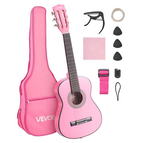 VEVOR Classical Guitar, 780 mm, Wood Classical Guitar Starter Kit for Beginners, with Nylon Strings, Gig Bag, Strap, Tuner, Extra Strings, Picks, Capo, Basswood, for Kids Girls Boys Students, Pink
