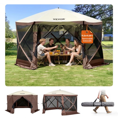 VEVOR Pop Up Gazebo Tent, Pop-Up Screen Tent 6 Sided Canopy Sun Shelter with 6 Removable Privacy Wind Cloths & Mesh Windows, 11.5x11.5FT Quick Set Screen Tent with Mosquito Netting, Brown