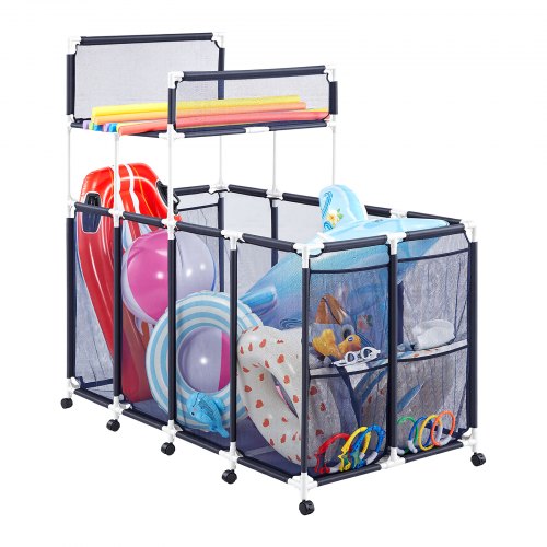 VEVOR Pool Storage Bin, 169 x 85 x 165 cm, Rolling Pool Float Storage Organizer with Side Pockets & Noodles Holder Rack, Durable Plastic Frame, Poolside Toys Mesh Basket for Swimming Pools