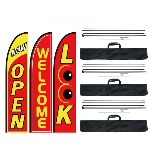 VEVOR Open Flags with Pole Kit, Advertising Flags for Business Outside, Advertising Feather Flag Kit, 3 Flags (Open, Look, Welcome), 3 Poles, 3 Ground Stakes, Swooper Flags for Businesses 16.3 FT